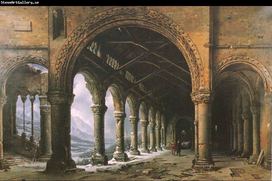 louis daguerre The Effect of Fog and Snow Seen through a Ruined Gothic Colonnade